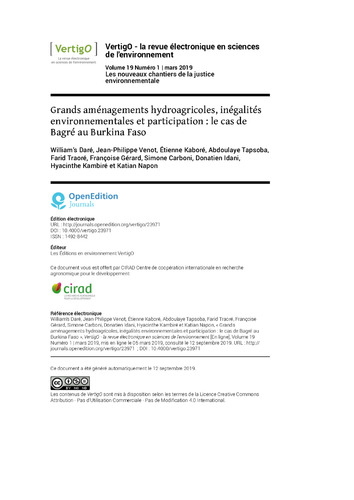 Grands aménagements hydroagricoles, inégalités environnementales et participation : le cas de Bagré au Burkina Faso. [Large hydroagricultural developments, inequalities environmental and participation: the case of Bagré in Burkina Faso ]