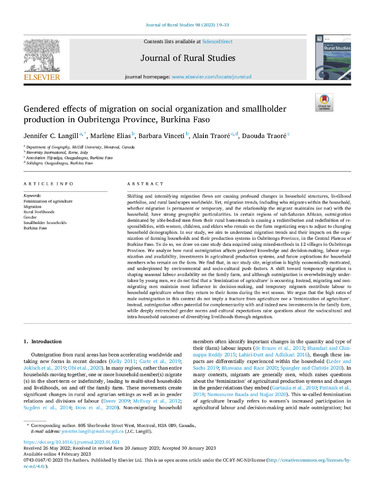 Gendered effects of migration on social organization and smallholder production in Oubritenga Province, Burkina Faso