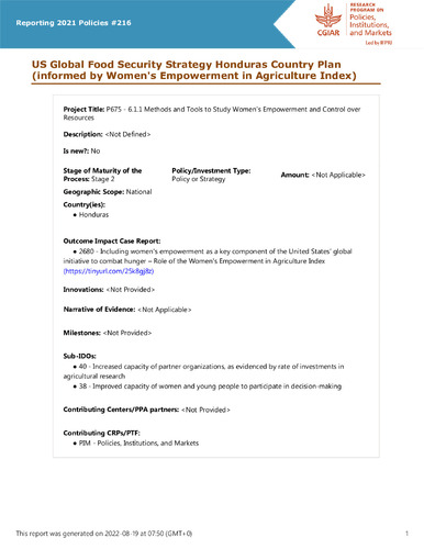 US Global Food Security Strategy Honduras Country Plan (informed by Women's Empowerment in Agriculture Index)
