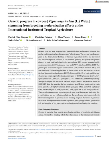 Genetic progress in cowpea [Vigna unguiculata (L.) Walp.] stemming from breeding modernization efforts at the International Institute of Tropical Agriculture