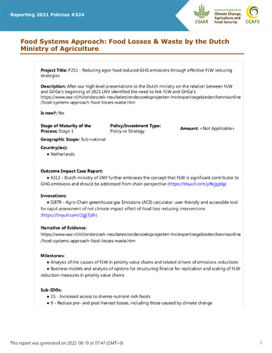 Food Systems Approach: Food Losses & Waste by the Dutch Ministry of Agriculture