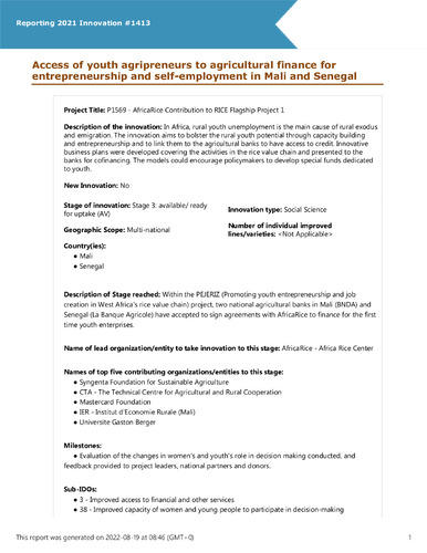 Access of youth agripreneurs to agricultural finance for entrepreneurship and self-employment in Mali and Senegal