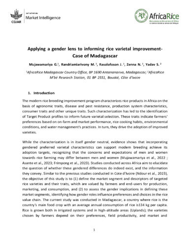 Applying a gender lens to informing rice varietal improvement—Case of Madagascar