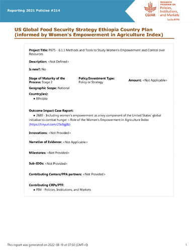 US Global Food Security Strategy Ethiopia Country Plan (informed by Women's Empowerment in Agriculture Index)
