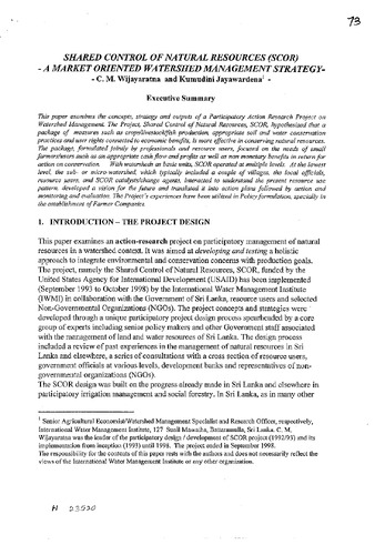 Shared Control of Natural Resources (SCOR): a market oriented watershed management strategy. Paper 73 of Session 10