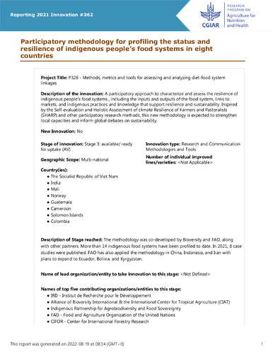 Participatory methodology for profiling the status and resilience of indigenous people's food systems in eight countries