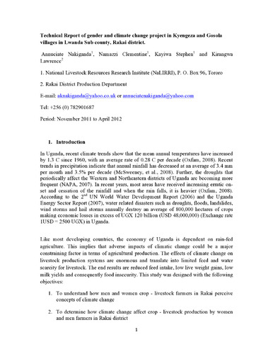 Technical Report of gender and climate change project in Kyengeza and Gosola villages in Lwanda Sub county, Rakai district