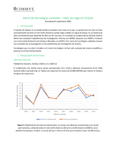 Menú de tecnologías validadas – Maíz de riego en Sinaloa
