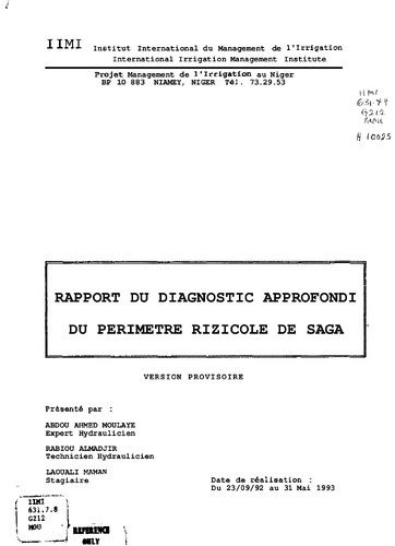 Rapport du diagnostic approfondie du perimetre rizicole de Saga. Version provisoire. In FrenchReport of the rice growing areas in-depth diagnosis of Saga
