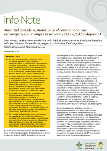 Juventud ganadera, motor para el cambio: alianzas estratégicas con la empresa privada (CIAT/CCAFS-Alquería): Nacimiento, motivaciones y objetivos de la iniciativa Herederos de Tradición llevada a cabo por Alquería dentro de sus programas de Formación Campesina