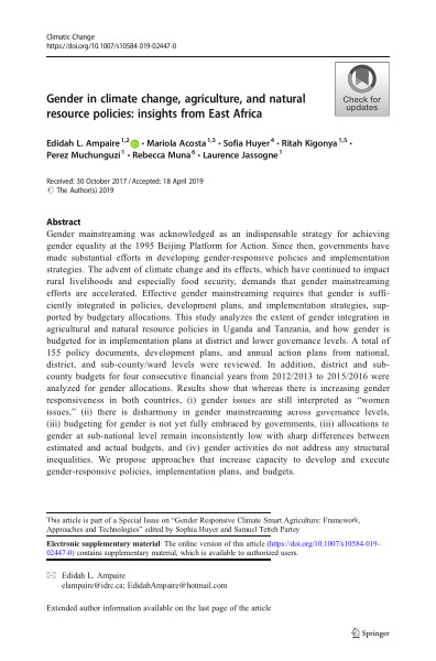 Gender in climate change, agriculture, and natural resource policies: insights from East Africa