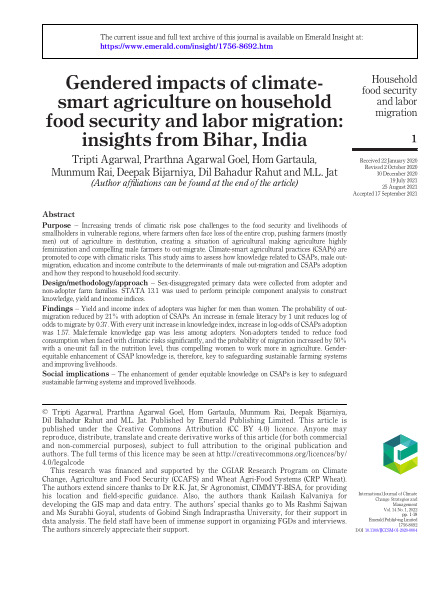 Gendered impacts of climate-smart agriculture on household food security and labor migration: insights from Bihar, India