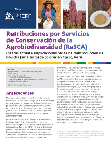 Retribuciones por Servicios de Conservación de la Agrobiodiversidad (ReSCA): Estatus actual e implicaciones para una reintroducción de Kiwicha (amaranto) de colores en Cusco, Perú