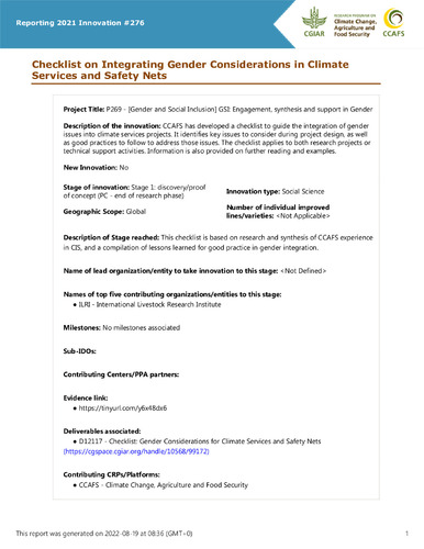 Checklist on Integrating Gender Considerations in Climate Services and Safety Nets