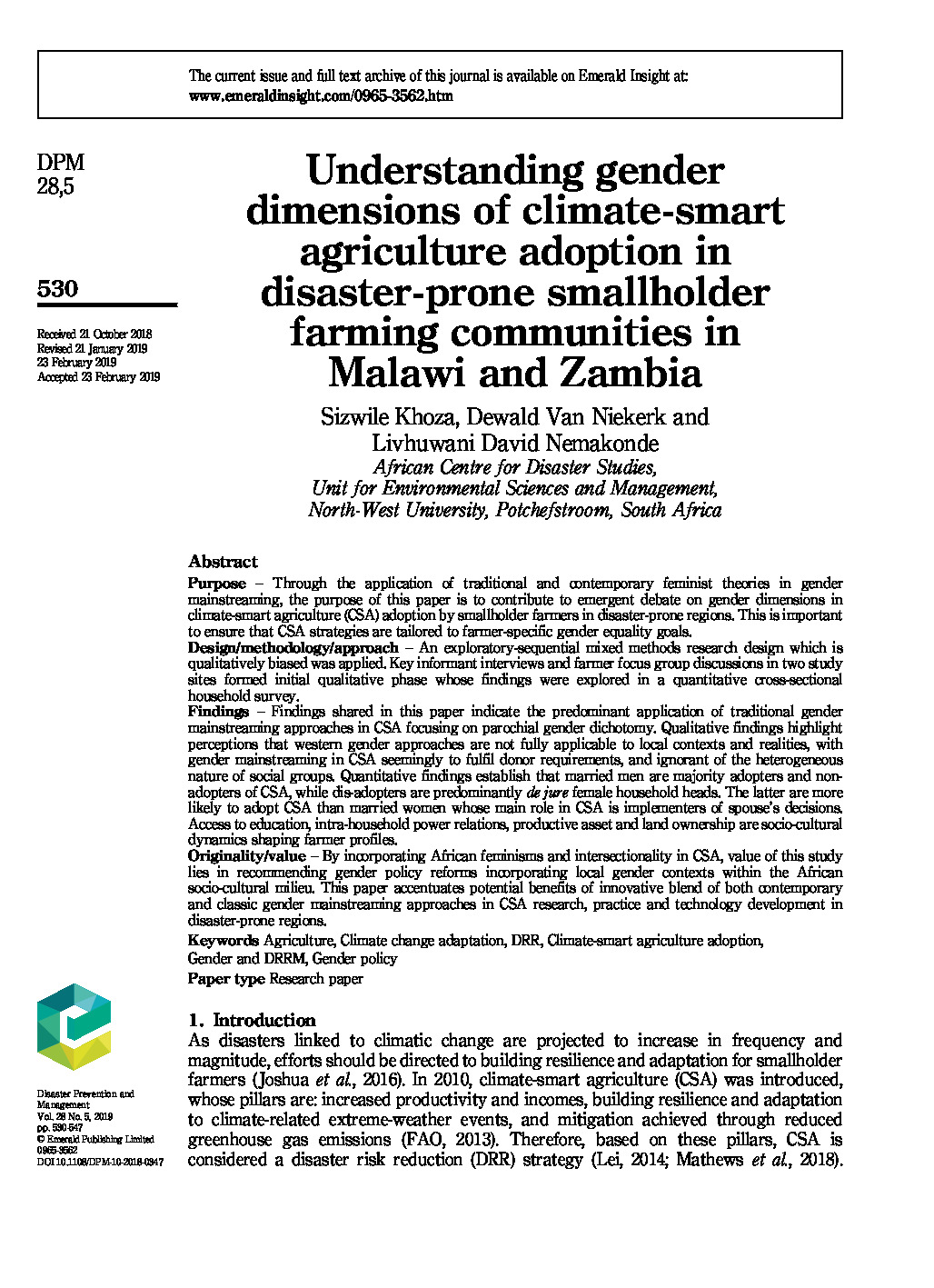 Understanding gender dimensions of climate-smart agriculture adoption in disaster-prone smallholder farming communities in Malawi and Zambia