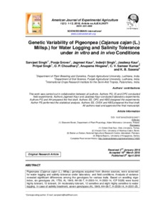 Genetic Variability of Pigeonpea (Cajanus cajan (L.) Millsp.) for Water Logging and Salinity Tolerance under in vitro and in vivo Conditions