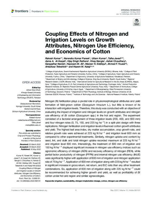 Coupling Effects of Nitrogen and Irrigation Levels on Growth Attributes, Nitrogen Use Efficiency, and Economics of Cotton