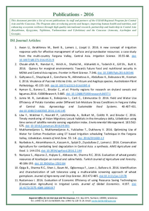 CGIAR Program Facilitation Unit for Central Asia and the Caucasus Publications - 2016