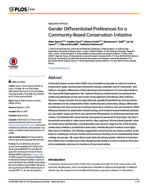 Gender Differentiated Preferences for a Community-Based Conservation Initiative