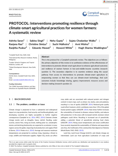 PROTOCOL: Interventions promoting resilience through climate-smart agricultural practices for women farmers: A systematic review