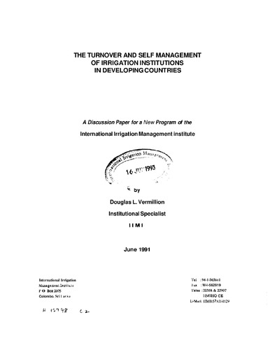 The turnover and self management of irrigation institutions in developing countries: a discussion paper for a new program of the International Irrigation Management Institute