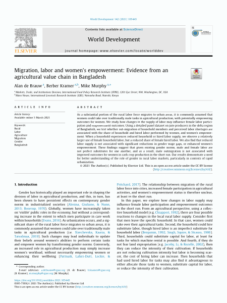 Migration, labor and women’s empowerment: Evidence from an agricultural value chain in Bangladesh