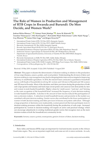 The role of women in production and management of RTB crops in Rwanda and Burundi: Do men decide, and women work?