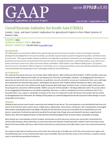 Gender, caste, and asset control: Implications for agricultural projects in rice - wheat systems of Eastern India