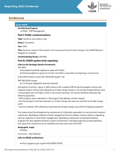 Synthesis review of the inclusion and mainstreaming of climate change in the CGIAR Research Program on Livestock