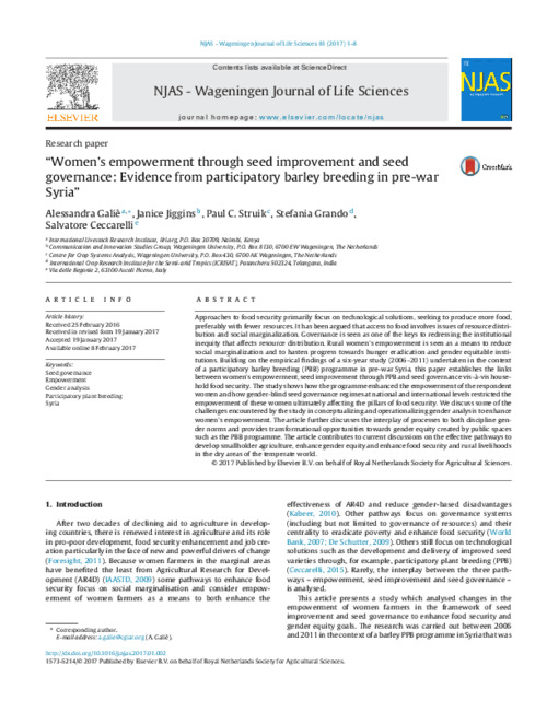 Women’s empowerment through seed improvement and seed governance Evidence from participatory barley breeding in pre-war Syria
