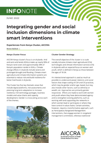 Integrating gender and social inclusion dimensions in climate smart interventions: Experiences from Kenya cluster, AICCRA