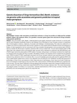 Genetic dissection of Striga hermonthica (Del.) Benth. resistance via genome-wide association and genomic prediction in tropical maize germplasm