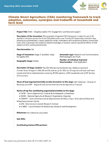 Climate Smart Agriculture (CSA) monitoring framework to track adoption, outcomes, synergies and tradeoffs at household and farm level