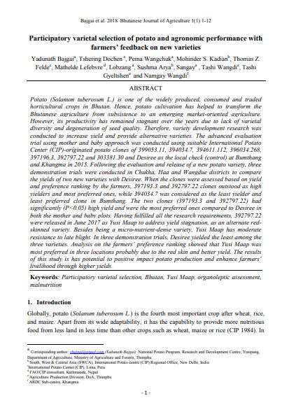 Participatory varietal selection of potato and agronomic performance with farmers’ feedback on new varieties.
