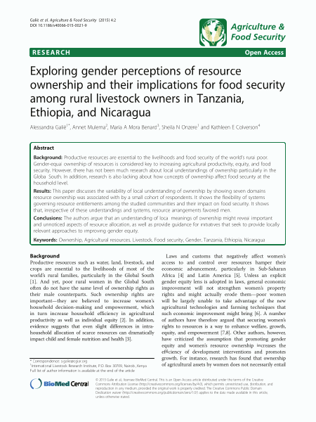 Exploring gender perceptions of resource ownership and their implications for food security among rural livestock owners in Tanzania, Ethiopia, and Nicaragua