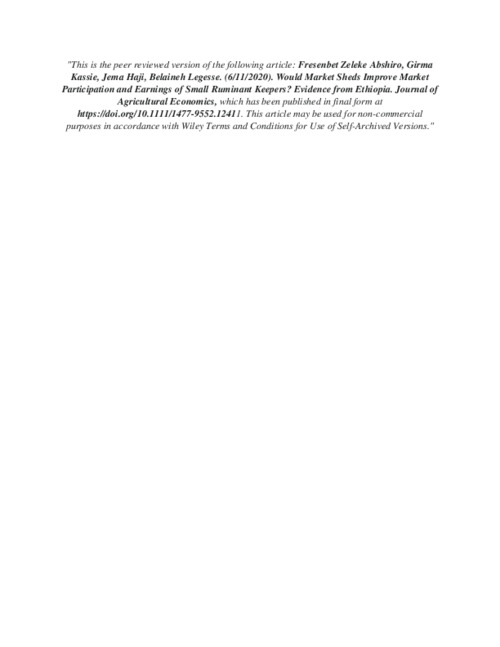 Would Market Sheds Improve Market Participation and Earnings of Small Ruminant Keepers? Evidence from Ethiopia