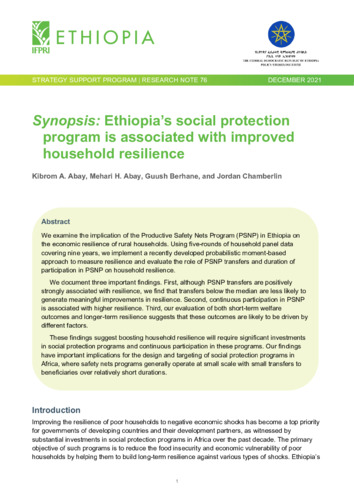 Synopsis: Ethiopia’s social protection program is associated with improved household resilience
