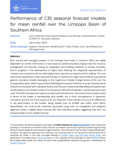 Performance of C3S seasonal forecast models for mean rainfall over the Limpopo Basin of Southern Africa