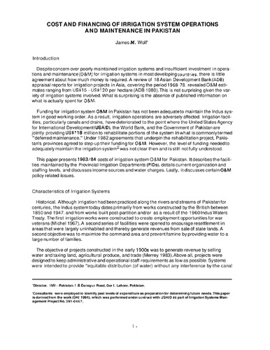 Cost and financing of irrigation system operations and maintenance in Pakistan