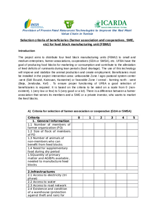 Selection criteria of beneficiaries (farmer association and cooperatives, SME, etc) for feed block manufacturing units (FBMU)