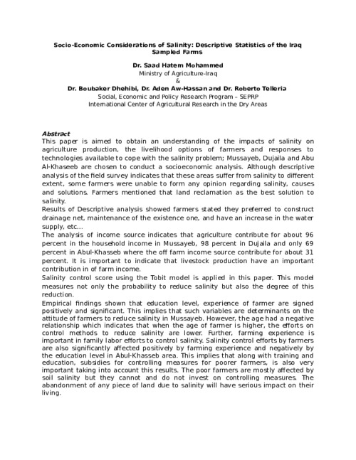 Impacts of Soil Salinity on the Productivity of Al-Musayyeb Small Farms in Iraq: An Examination of Technical, Economic and Allocative Efficiency