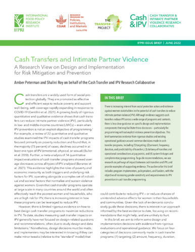 Cash transfers and intimate partner violence: A research view on design and implementation for risk mitigation and prevention