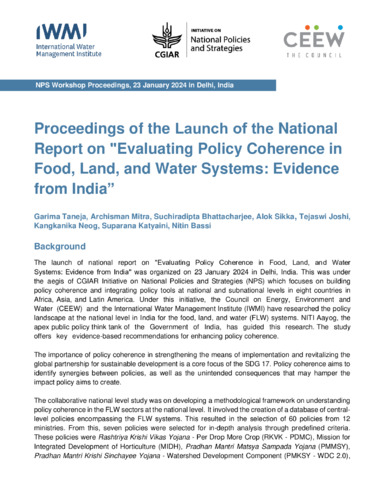 Proceedings of the launch of the national report on "Evaluating Policy Coherence in Food, Land, and Water Systems: Evidence from India", New Delhi, India, 23 January 2024