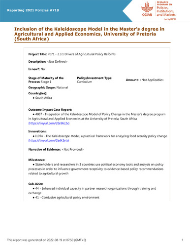 Inclusion of the Kaleidoscope Model in the Master's degree in Agricultural and Applied Economics, University of Pretoria (South Africa)