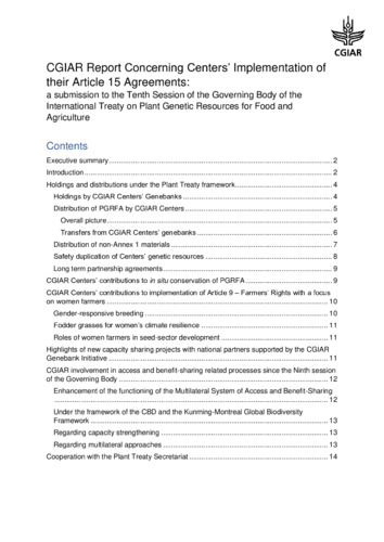 CGIAR Report Concerning Centers’ Implementation of their Article 15 Agreements: A submission to the Tenth Session of the Governing Body of the International Treaty on Plant Genetic Resources for Food and Agriculture