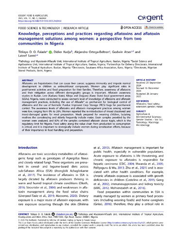 Knowledge, perceptions and practices regarding aflatoxins and aflatoxin management solutions among women: a perspective from two communities in Nigeria