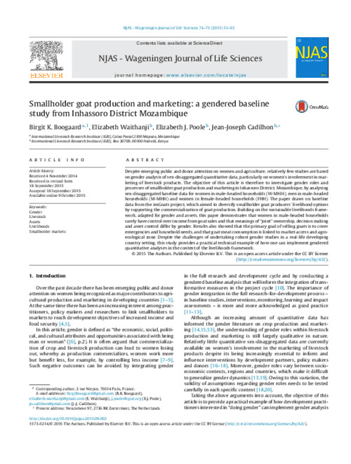 Smallholder goat production and marketing a gendered baseline study from Inhassoro District Mozambique