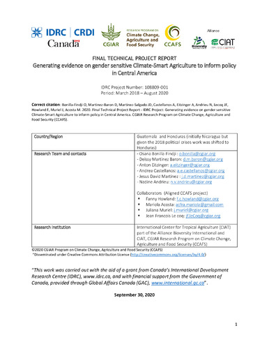 Generating evidence on gender sensitive Climate-Smart Agriculture to inform policy in Central America: Final technical project report