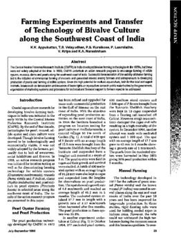 Farming experiments and transfer of technology of bivalve culture along the southwest coast of India