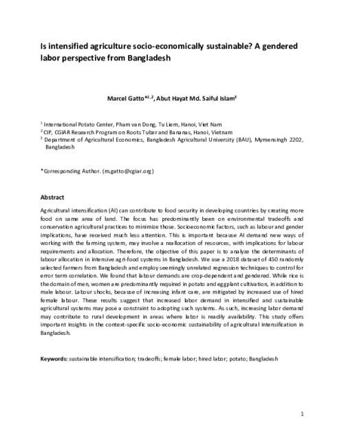 Is intensified agriculture socio-economically sustainable? A gendered labor perspective from Bangladesh